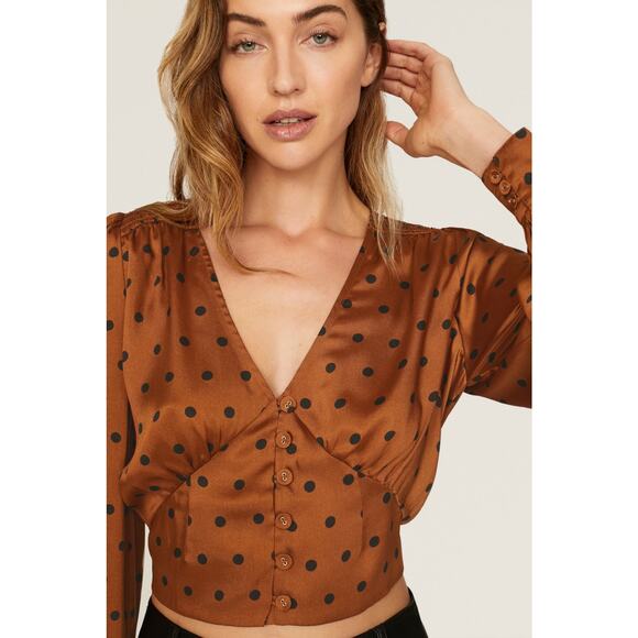 Minkpink Milan Polka Dot Top Brown V-Neck Button Front‎ Cropped Long Sleeve Sz M - Picture 1 of 12